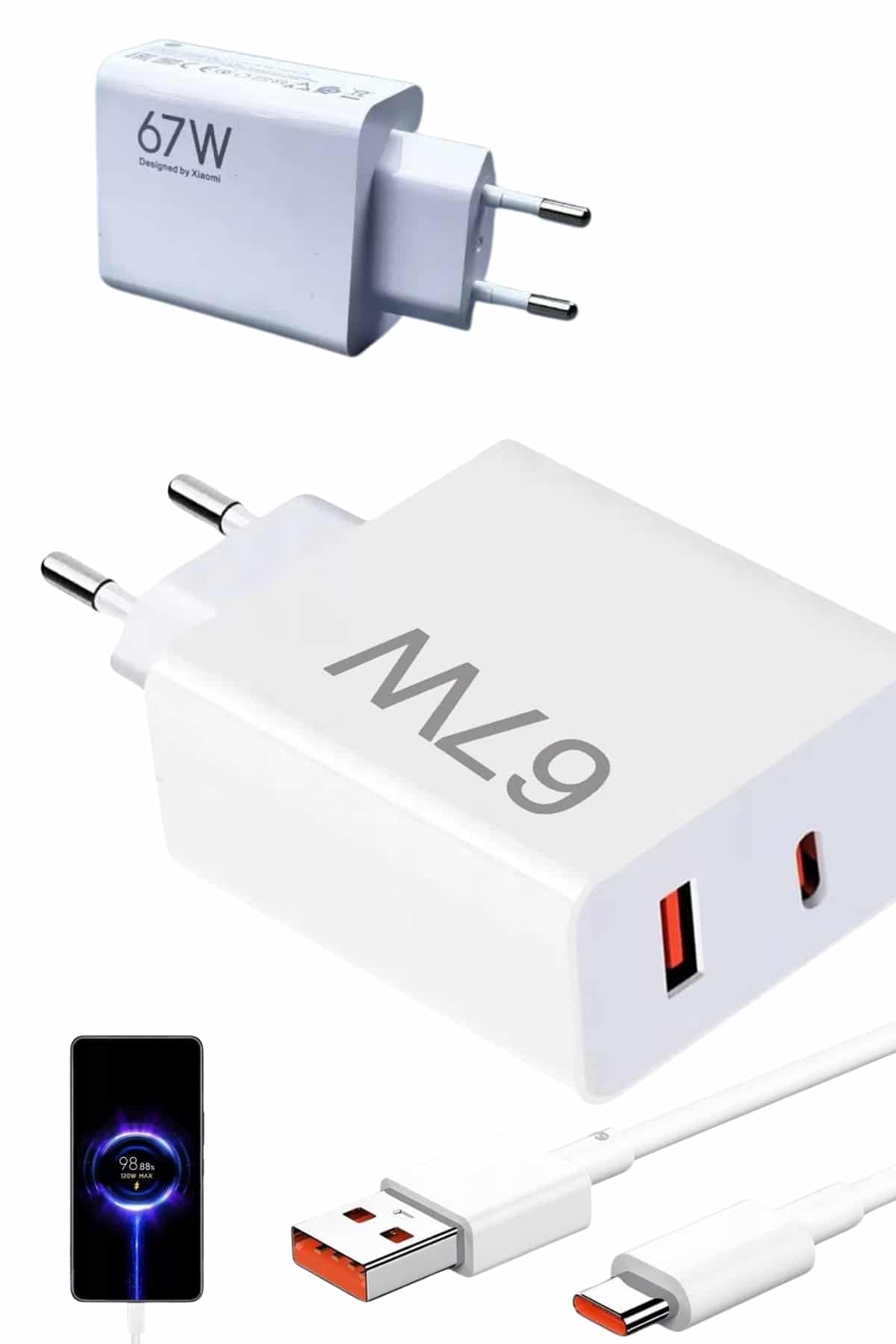 Hızlı Şarj Aleti Adaptörü Kablo Seti 67W Uzun Ömürlü Beyaz - Görsel 2