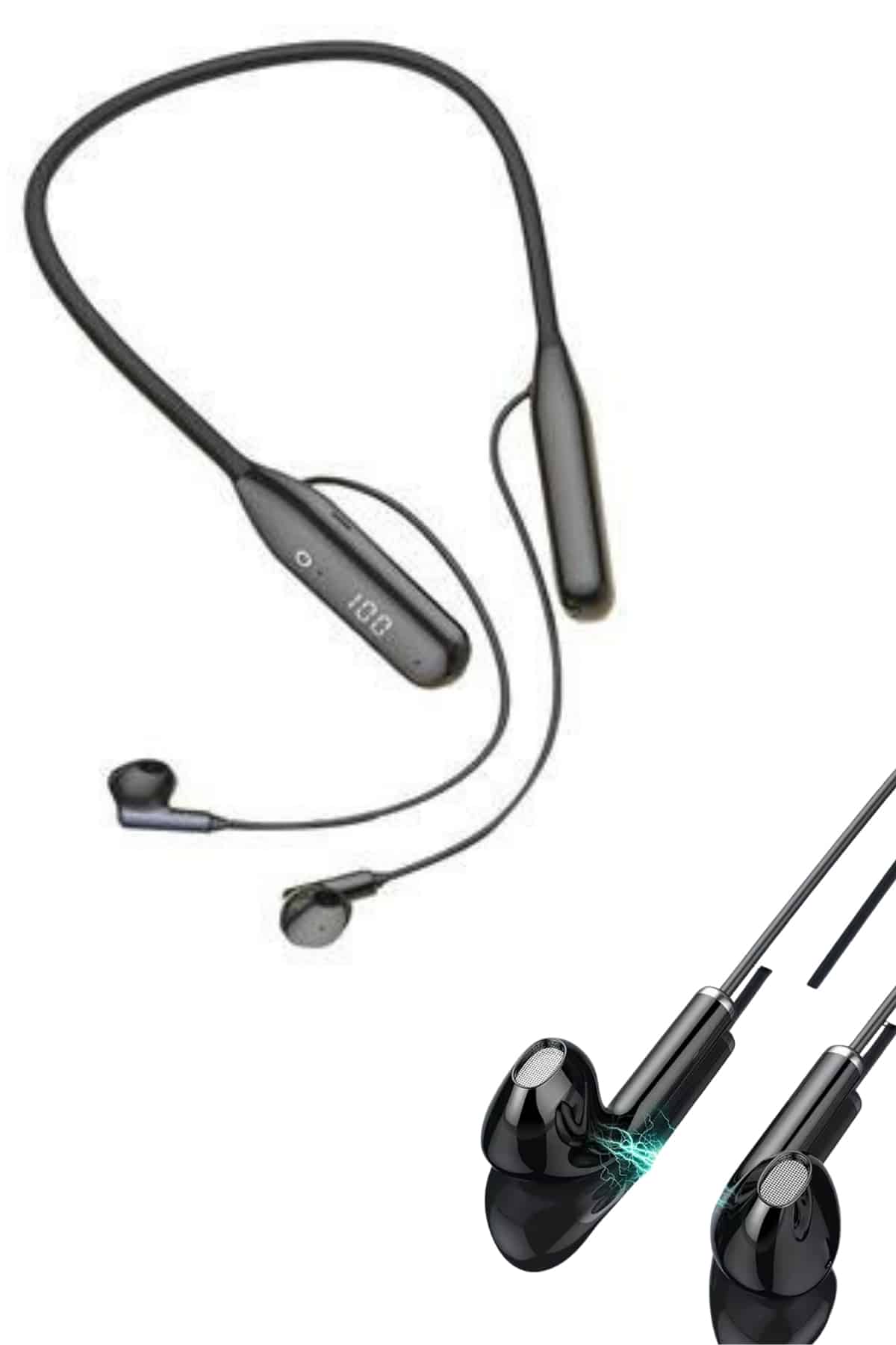 100 Saat Kablolu Boyun Askılı Dijital Göstergeli Bluetooth Kulaklığı - Görsel 3