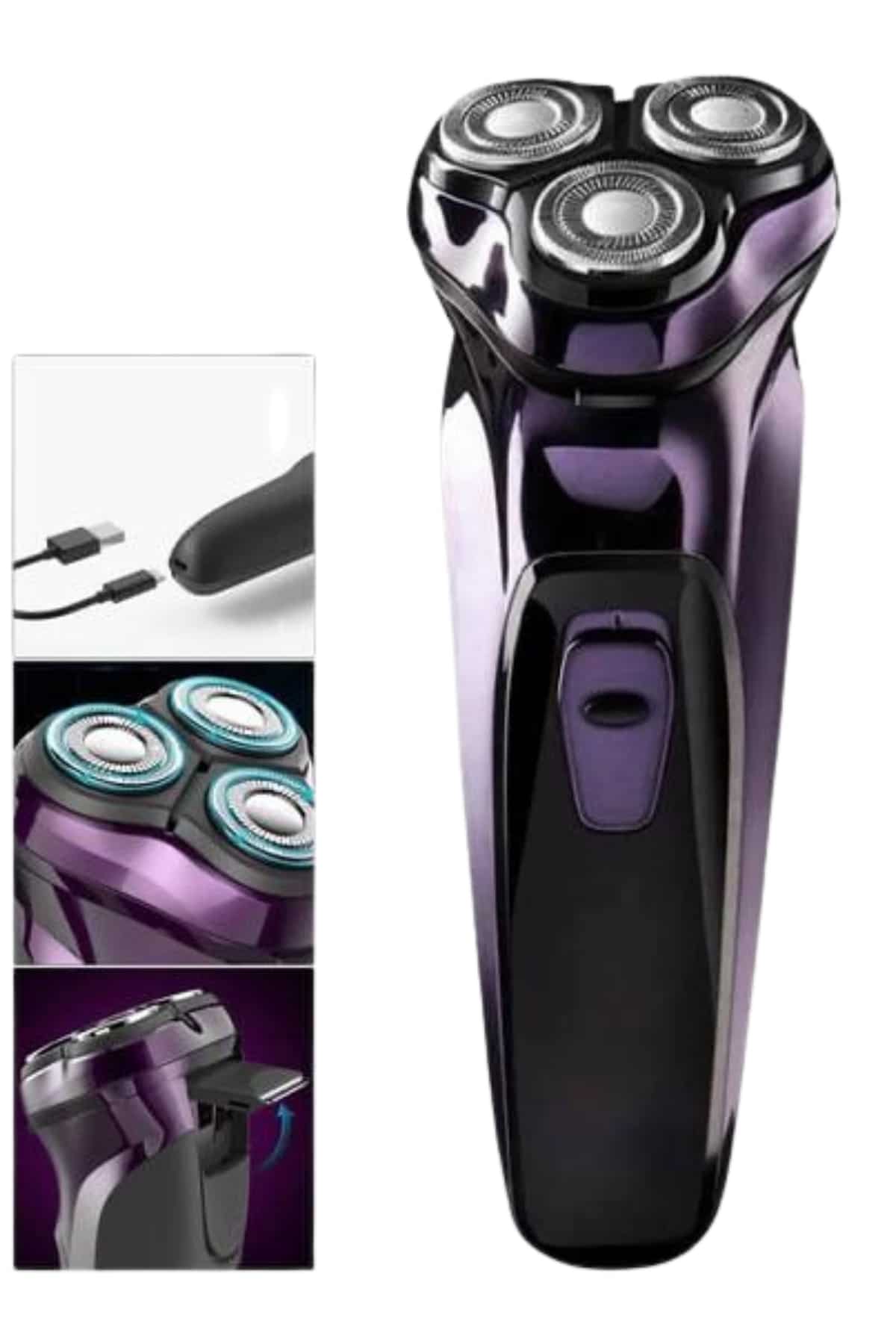 3 Bıçaklı Döner Başlıklı Sakal Sıfır Alma Tıraş Makinesi Profesyonel Paslanmaz Çelik - Görsel 3