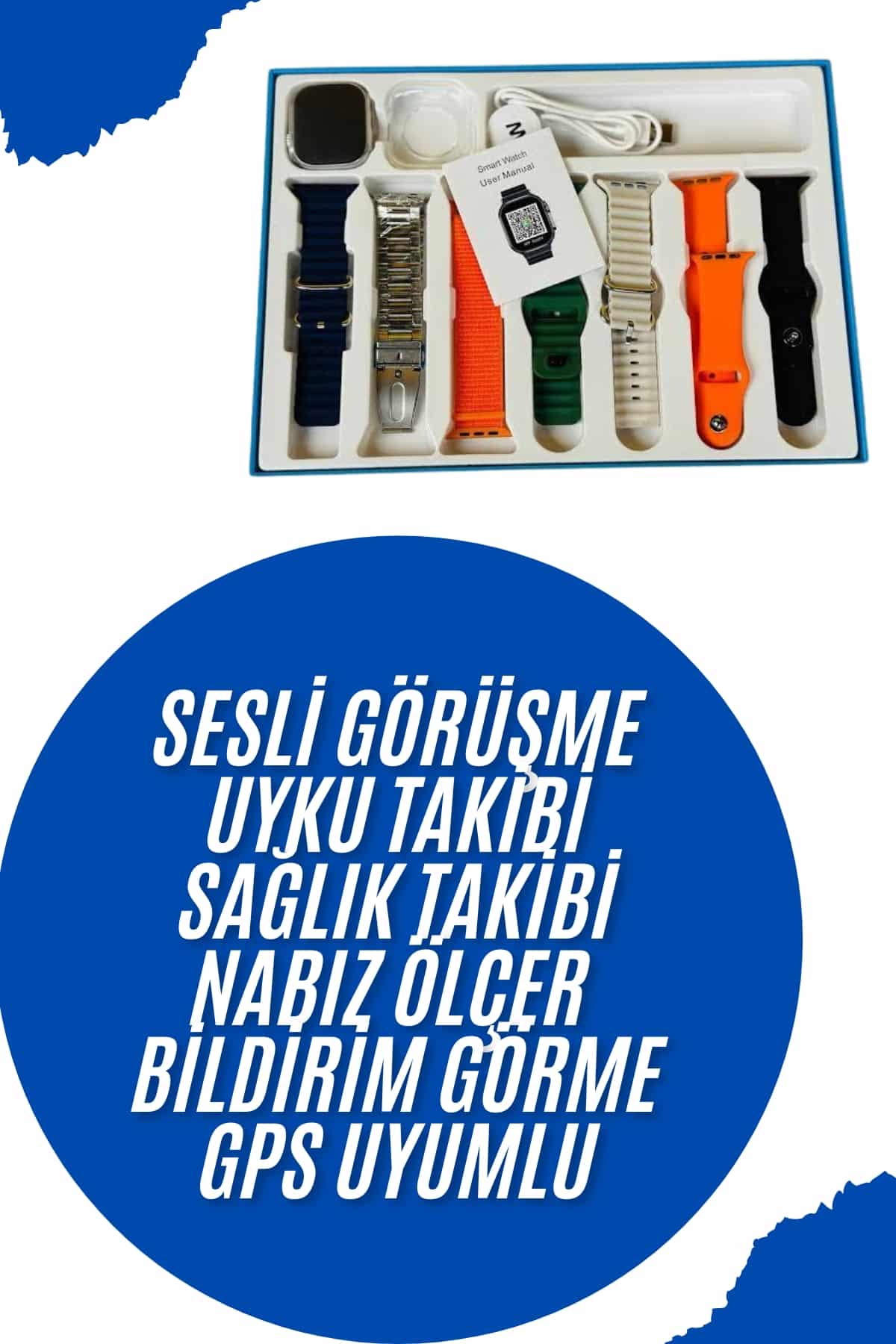 Akıllı Saat 7 Kordon Hediyeli Takvim Alarm Nabız Ölçer Bildirim Görme Sesli Görüşme - Görsel 2