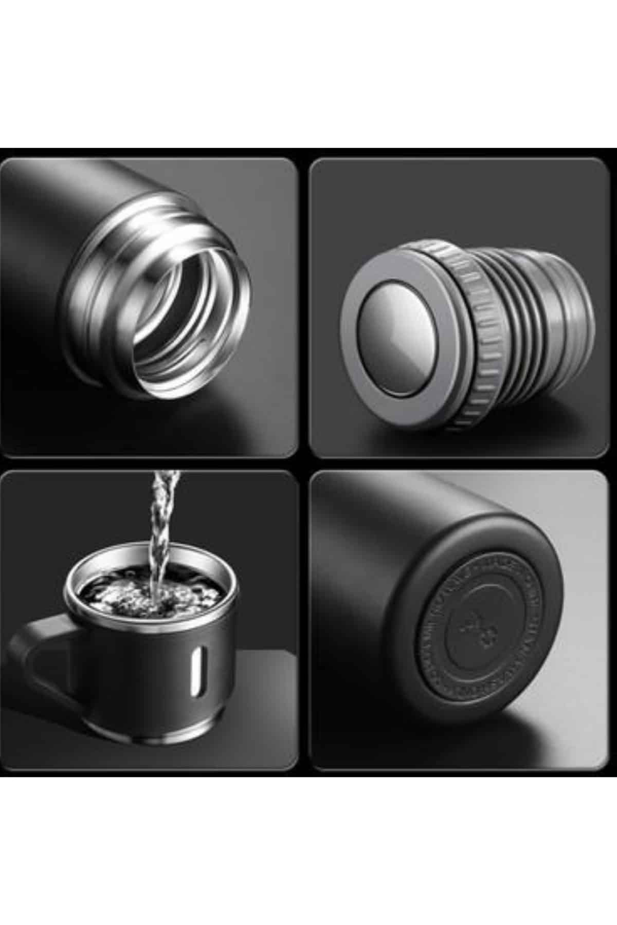 Termos Paslanmaz Çelik Termos Siyah Renk 3 Bardaklı Termos Seti - Görsel 3