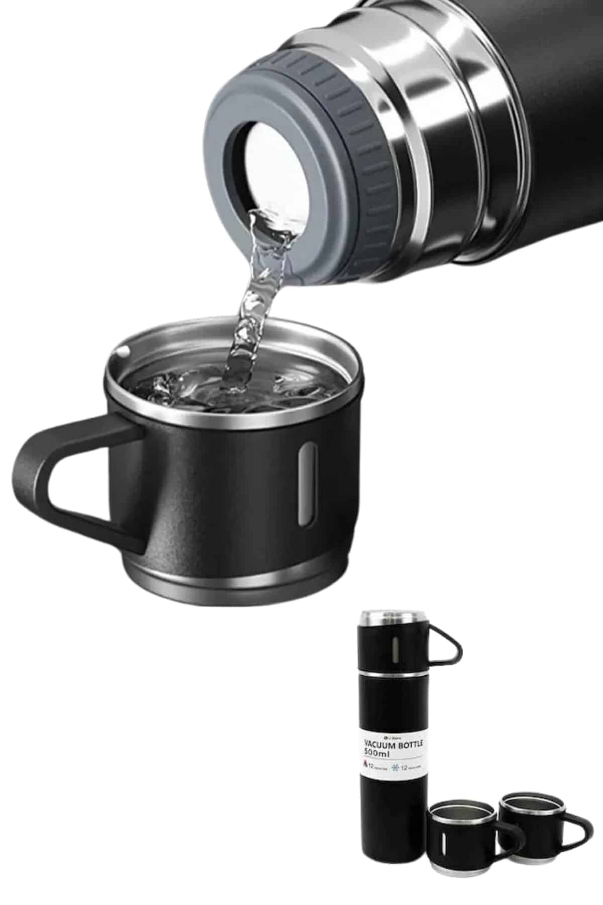 Termos Paslanmaz Çelik Termos Siyah Renk 3 Bardaklı Termos Seti - Görsel 4