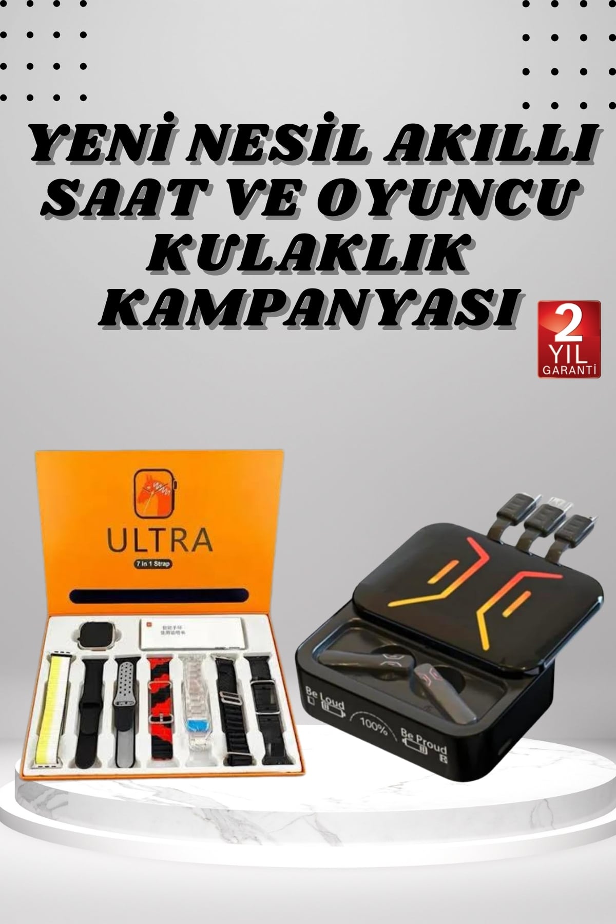 Powerbank Kulaklık ve 7 Kordonlu Akıllı Saat Çoklu Şarj Girişi Bluetooth Bağlantılı