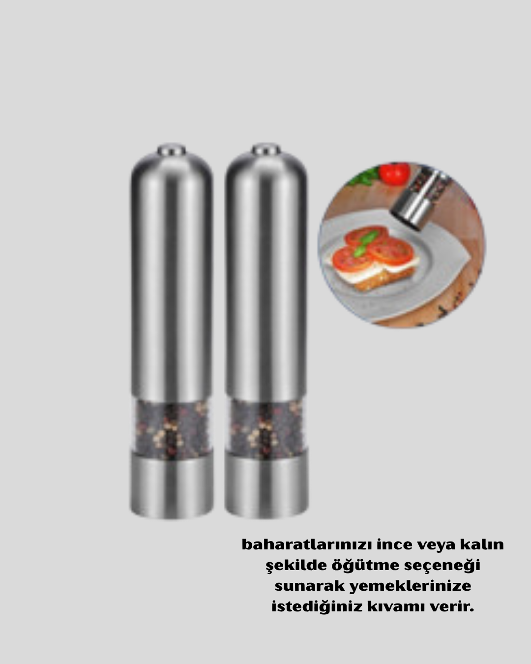 Modern Otomatik Baharat Öğütücü Seti – Pilli Paslanmaz Çelik LED Aydınlatmalı - Görsel 3