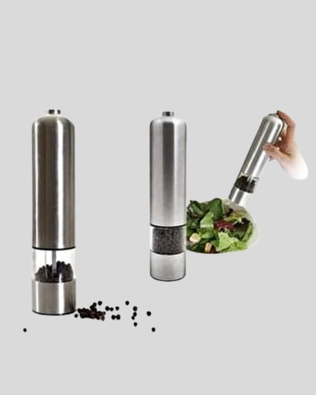 Modern Otomatik Baharat Öğütücü Seti – Pilli Paslanmaz Çelik LED Aydınlatmalı - Görsel 5