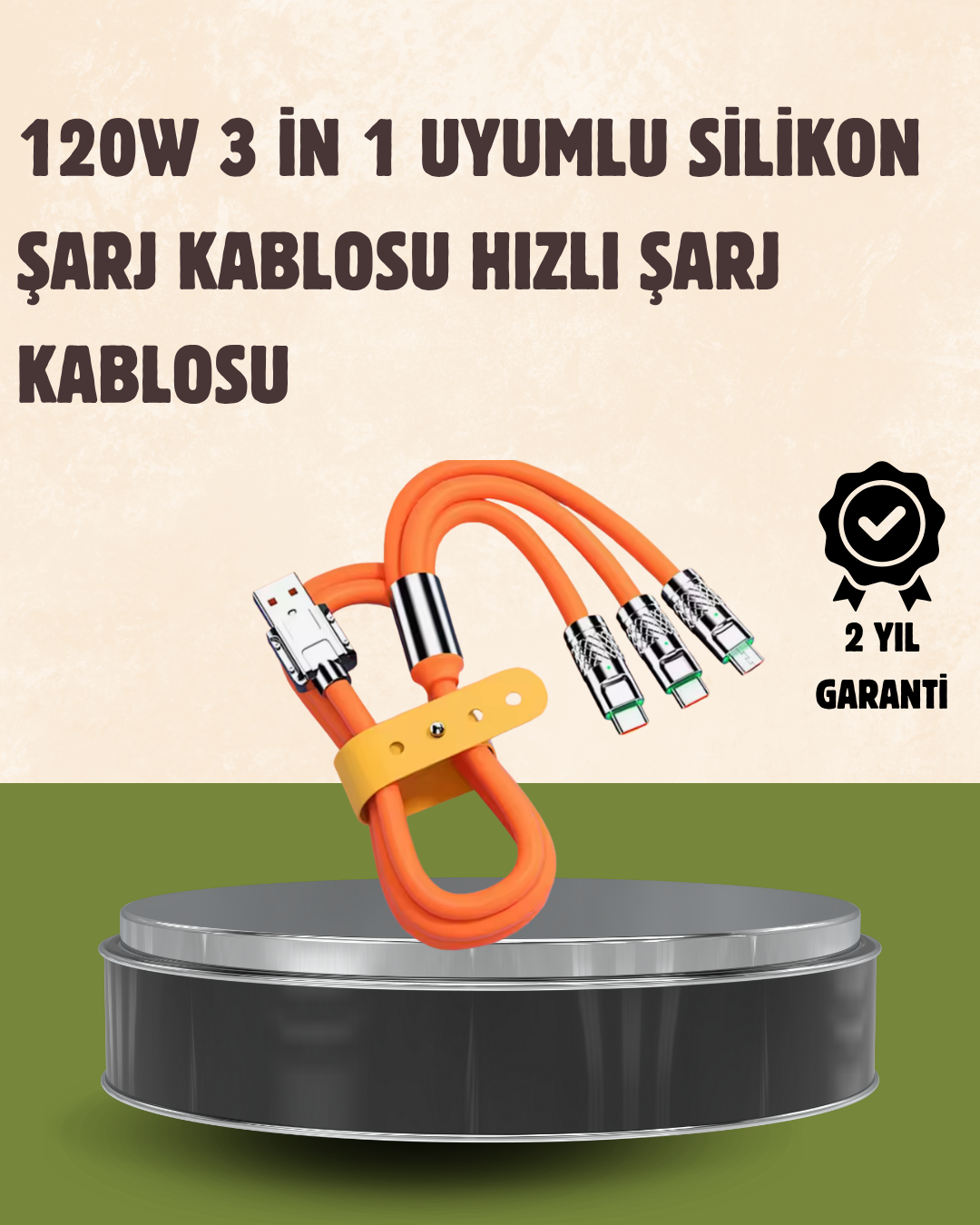 120 W Şarj ve Veri Aktarımı Kablo– 3 Başlıklı Çok Amaçlı Kablo Yüksek Hızlı