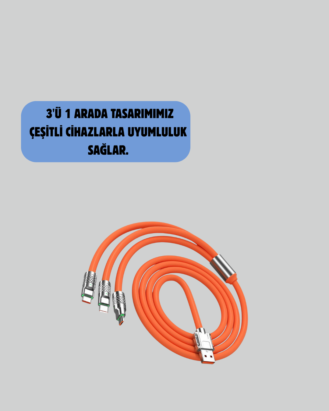 120 W Şarj ve Veri Aktarımı Kablo– 3 Başlıklı Çok Amaçlı Kablo Yüksek Hızlı - Görsel 3
