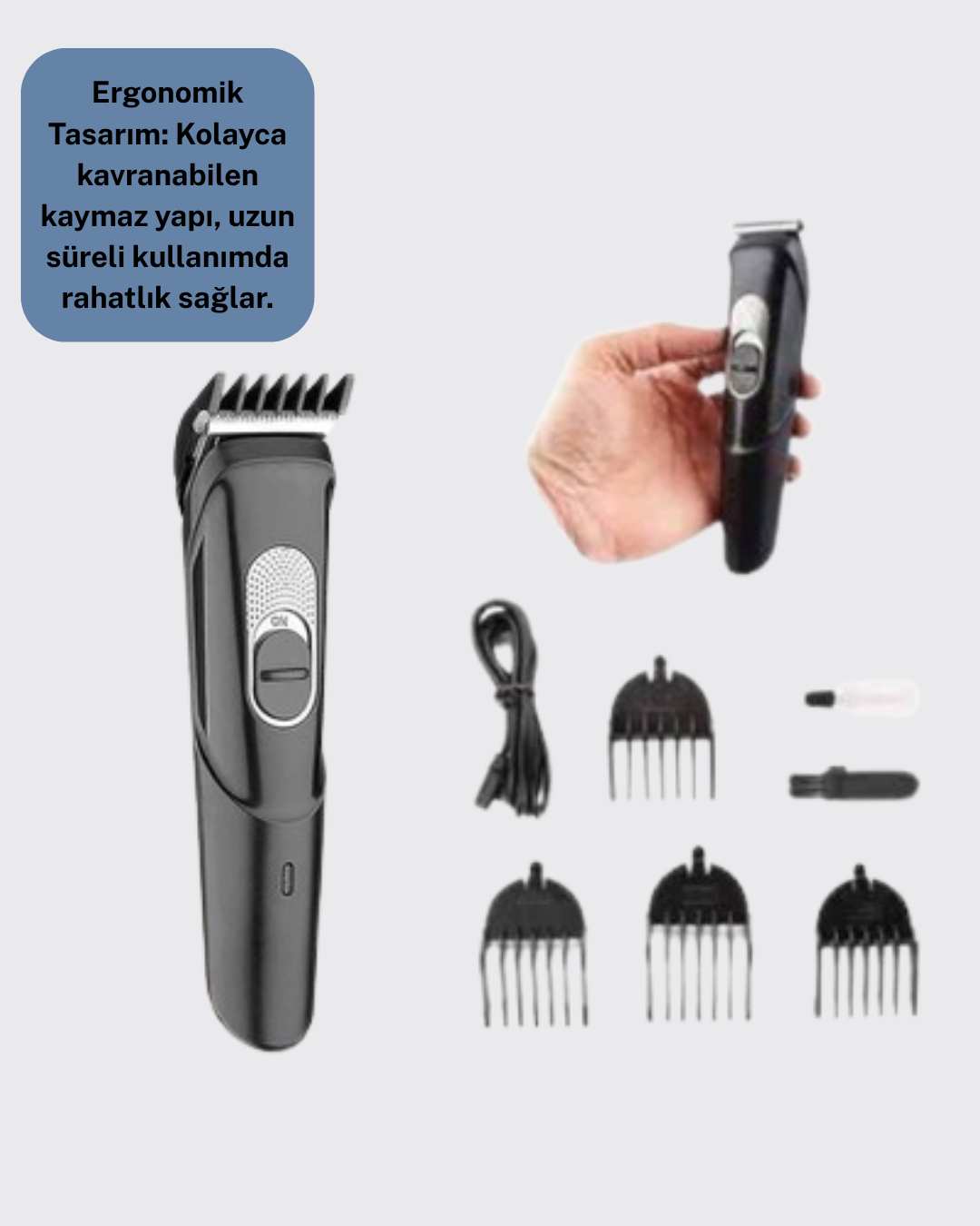 Kablosuz Paslanmaz Çelik Bıçaklı Profesyonel Saç ve Sakal Tıraş Makinesi – Sessiz Güçlü ve Ergonomik - Görsel 4