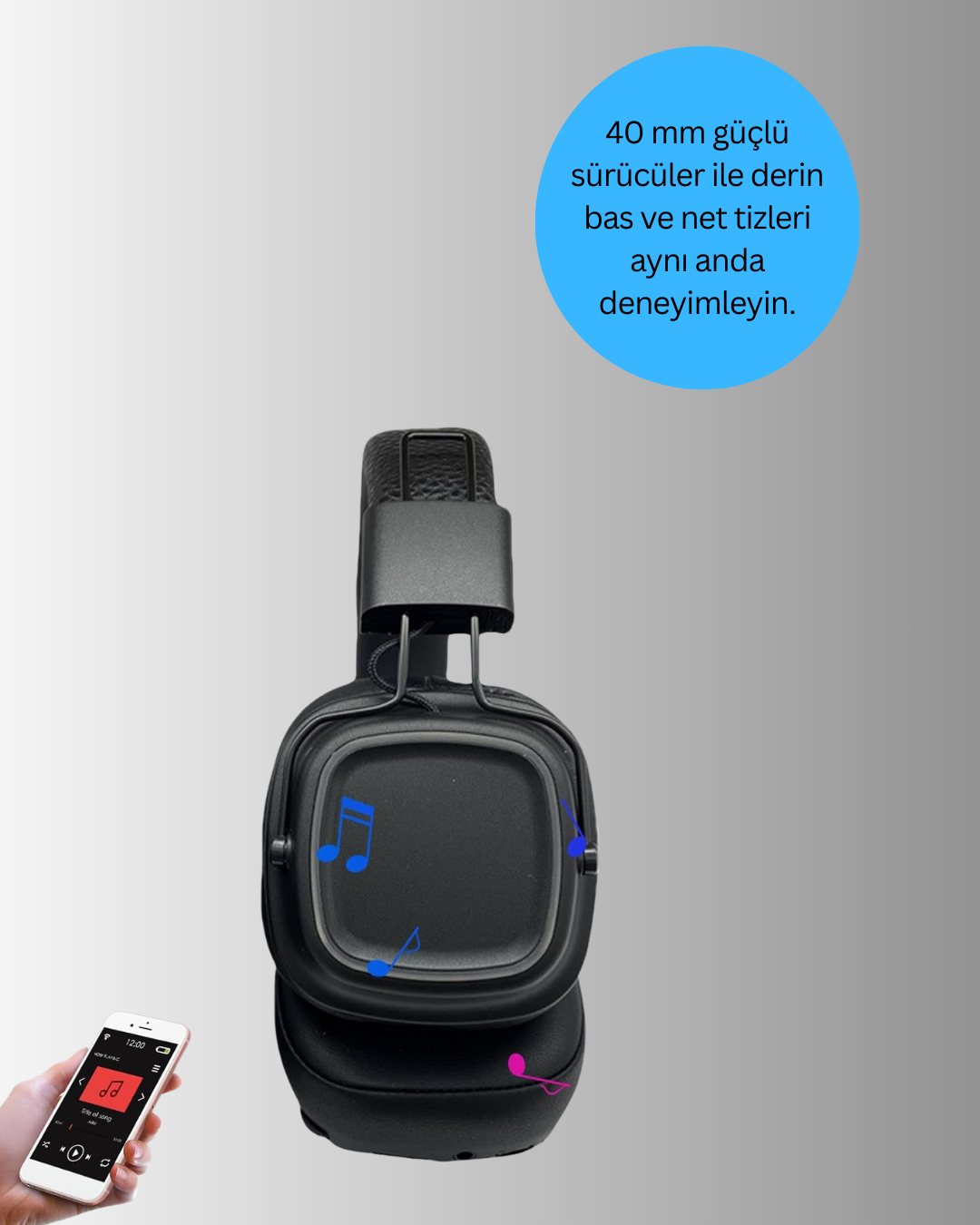 Ergonomik Konforlu Kablosuz Kulak Üstü Bluetooth Kulaklık - Görsel 2