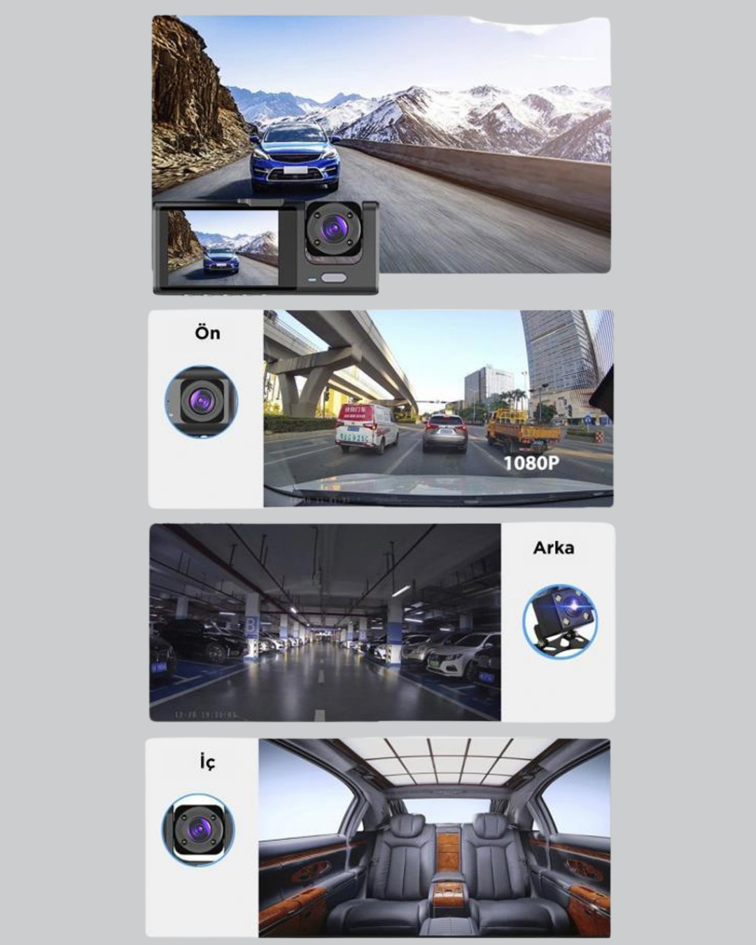 Üç Kameralı Araç Kamerası | Full HD 1080P Ön + HD İç/Arka - Görsel 5