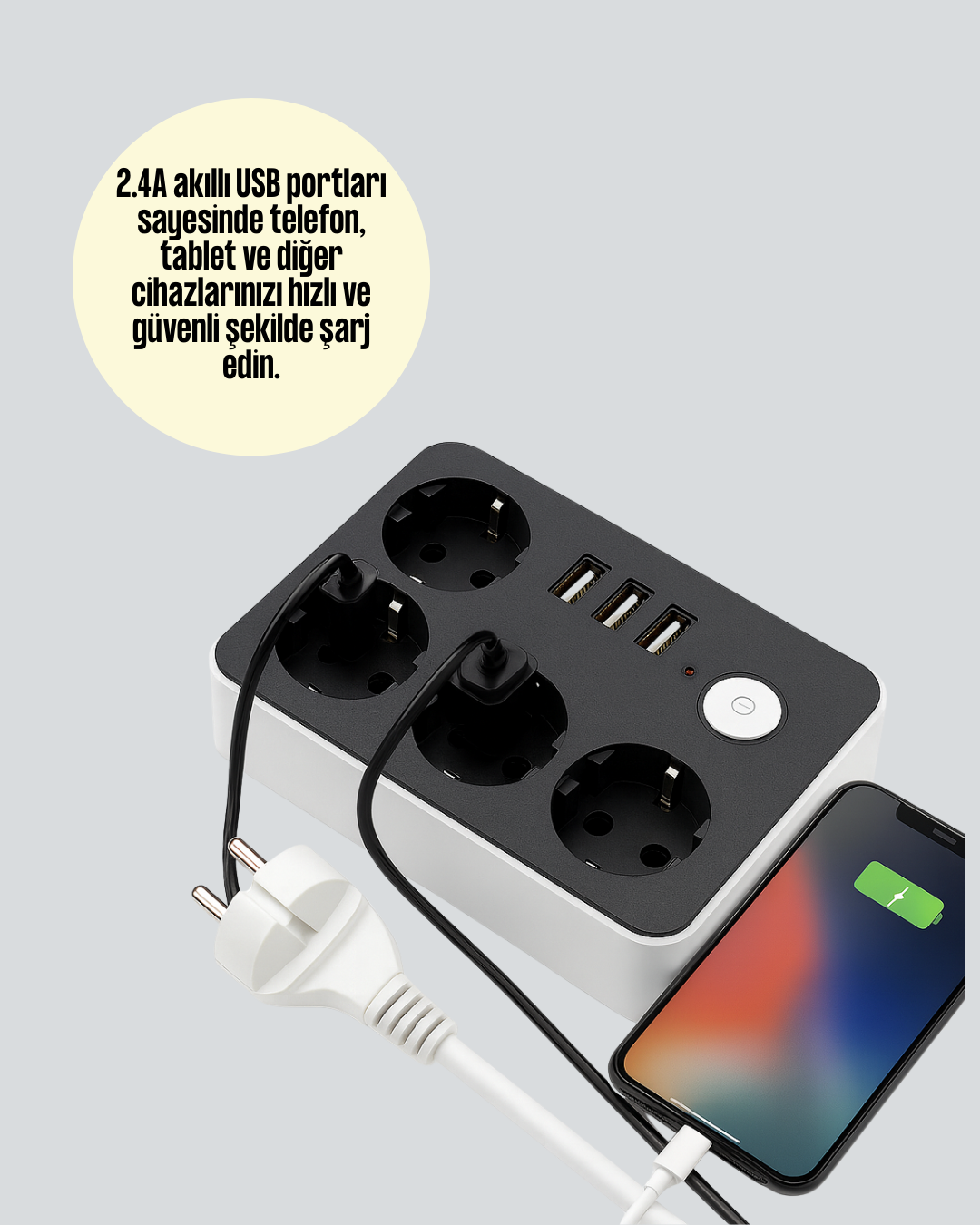 4 Prizli 3 USB Portlu Anahtarlı Akım Korumalı Priz - Görsel 3