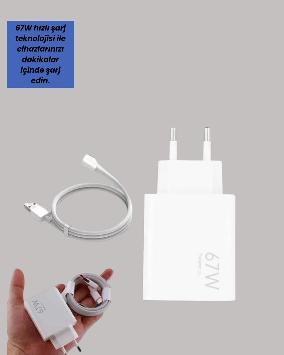 Güvenli ve Hızlı Şarj İçin 67W Turbo Adaptör Type-C Kablo ile - Görsel 2