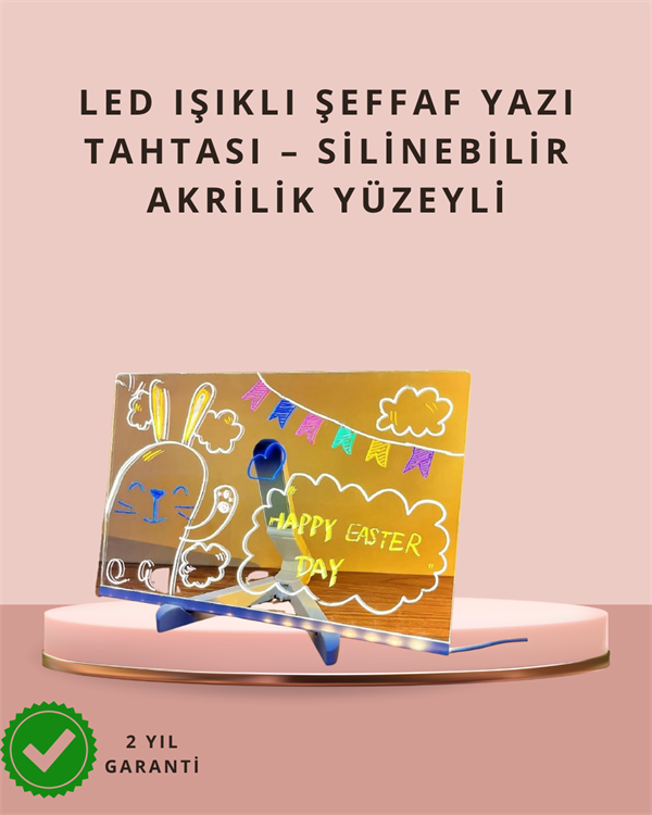 LED Işıklı Şeffaf Yazı Tahtası – Neon Etkili Akrilik Pano Silinebilir 7 Renkli Kalemli 30x20 cm