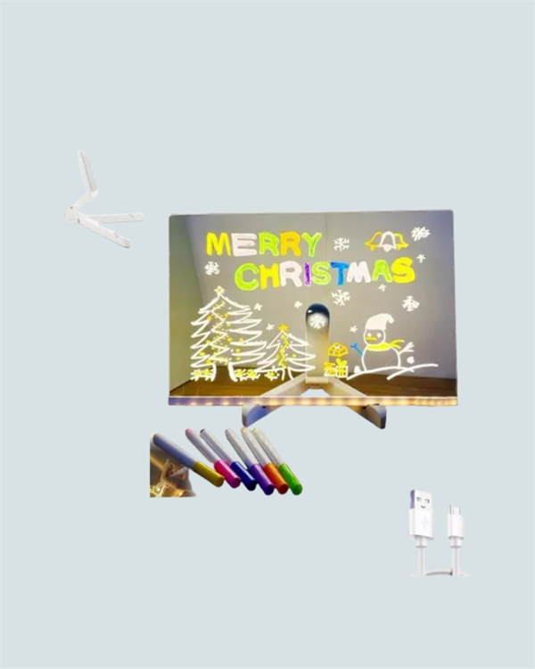 LED Işıklı Şeffaf Yazı Tahtası – Neon Etkili Akrilik Pano Silinebilir 7 Renkli Kalemli 30x20 cm - Görsel 2