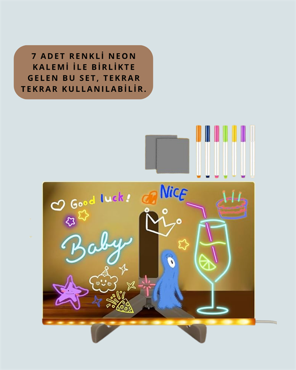 LED Işıklı Şeffaf Yazı Tahtası – Neon Etkili Akrilik Pano Silinebilir 7 Renkli Kalemli 30x20 cm - Görsel 3