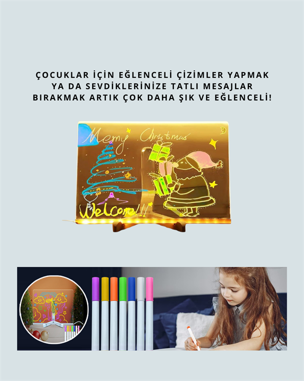 LED Işıklı Şeffaf Yazı Tahtası – Neon Etkili Akrilik Pano Silinebilir 7 Renkli Kalemli 30x20 cm - Görsel 4