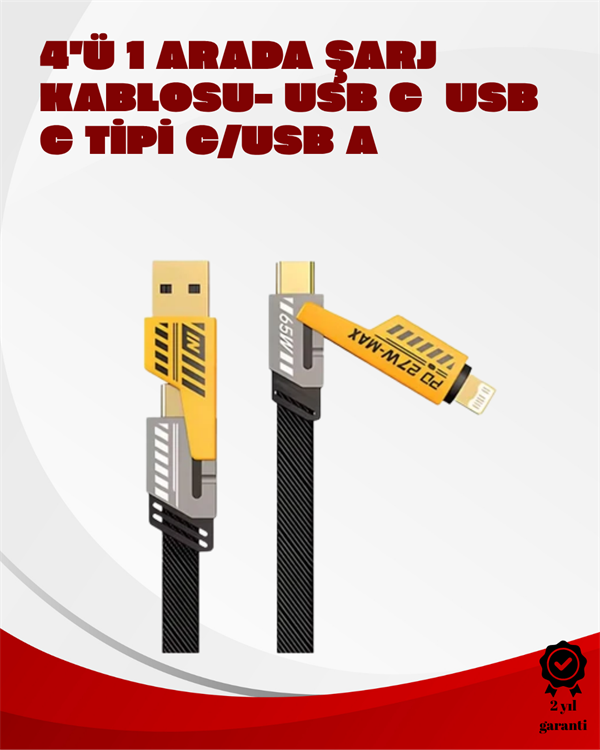 Dönüştürülebilir 4 Başlıklı Hızlı Şarj Kablosu – 1.2m 65W Dayanıklı ve Esnek Tasarım