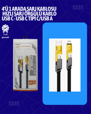 USB-C ve Lightning Uyumlu 4'ü 1 Arada Kablo – 65W Hızlı Şarj Örgülü Dayanıklı Yapı