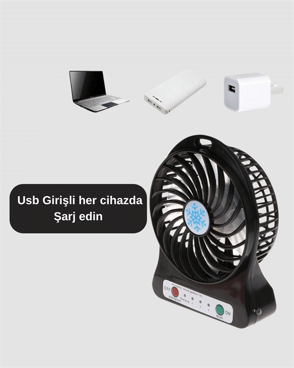 Mini Vantilatör Masaüstü – USB Girişli Şarjlı 3 Kademe Sessiz Motor Işıklı