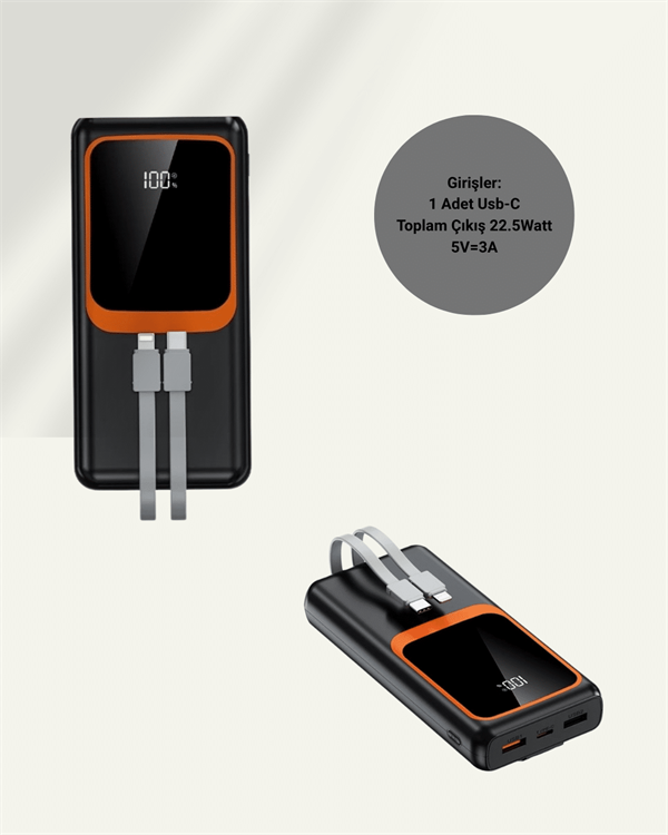 20000 mAh Powerbank | Çok Kablolu Dijital Göstergeli Yüksek Hızlı Şarj Cihazı - Görsel 5