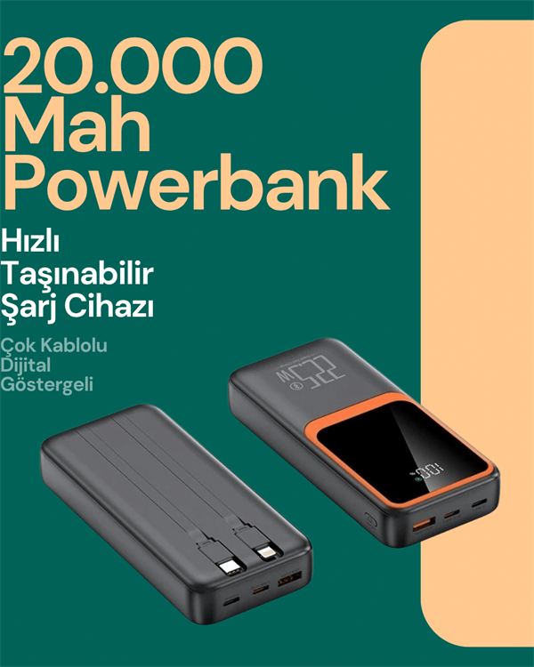 Taşınabilir Şarj Cihazı 20000 mAh | 22.5W Hızlı Şarj + Dijital Ekran + Kablo Dahil - Görsel 2