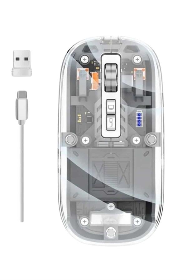 Mouse Fare Kablosuz Mouse Fare Şarjlı Bluetooth Sessiz 5 Tuşlu Şeffaf - Görsel 4