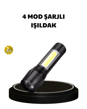 4 Mod Şarjlı Işıldak | Ultra Güçlü Cree LED | Su Geçirmez Alüminyum Gövde