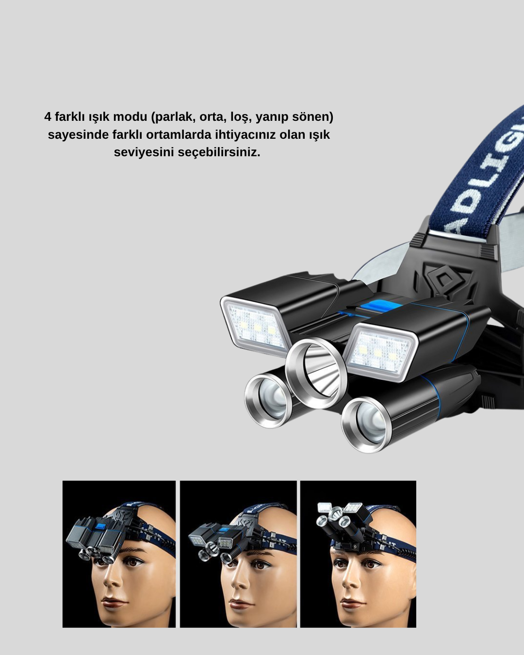 Outdoor ve Gece Balıkçılığı İçin LED Kafa Lambası – USB Şarjlı 60° Ayarlanabilir Far - Görsel 3