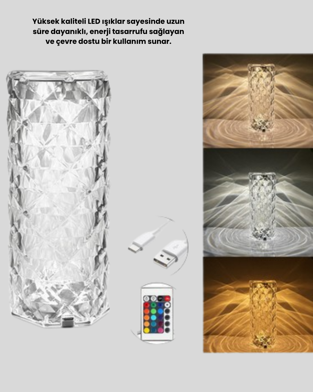 Kristal Tasarımlı RGB LED Gece Lambası – Kumandalı Renk Değiştiren Dekoratif Işık - Görsel 3
