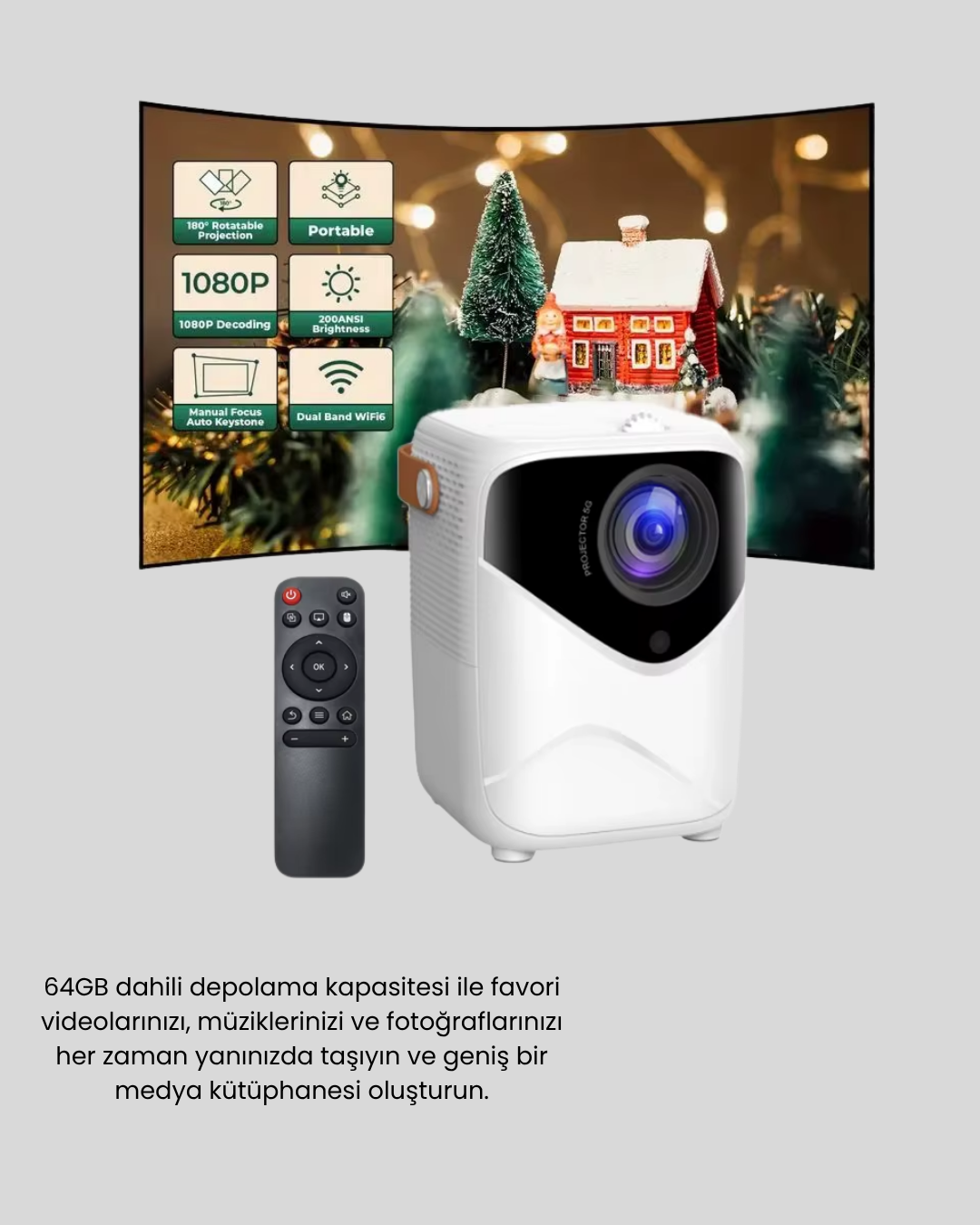 Taşınabilir 1080P HD Akıllı Projektör – 64GB Dahili Hafıza 2GB RAM Uzaktan Kumandalı - Görsel 4