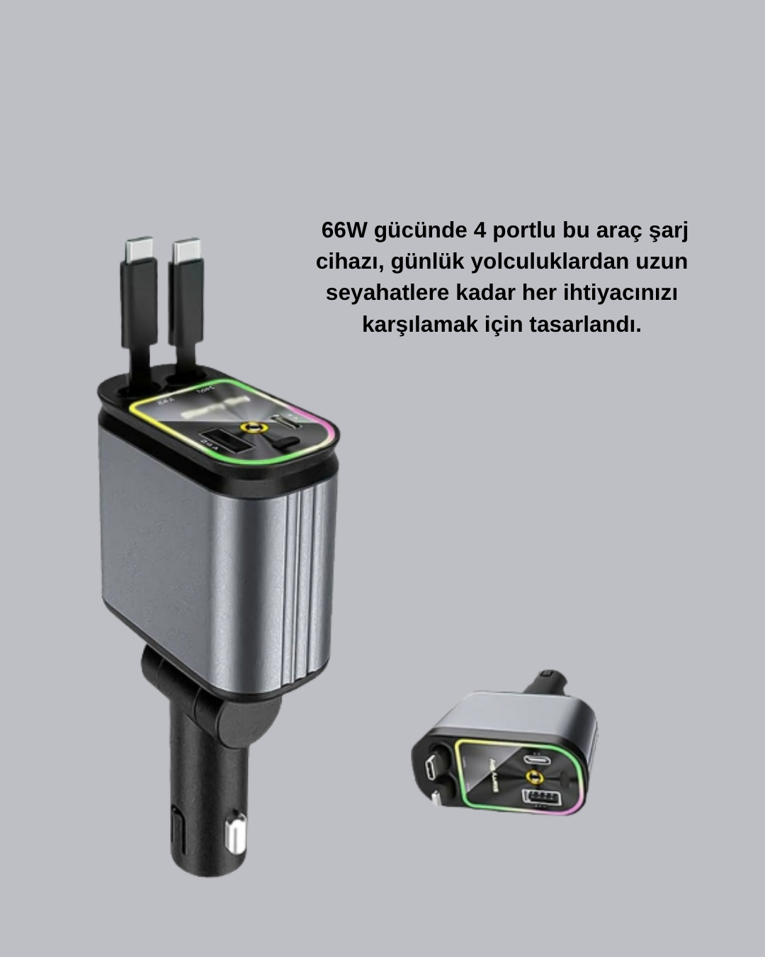 Araç Şarj Cihazı 66W 4 Portlu Hızlı Şarj ve LED Işıklı - Görsel 2