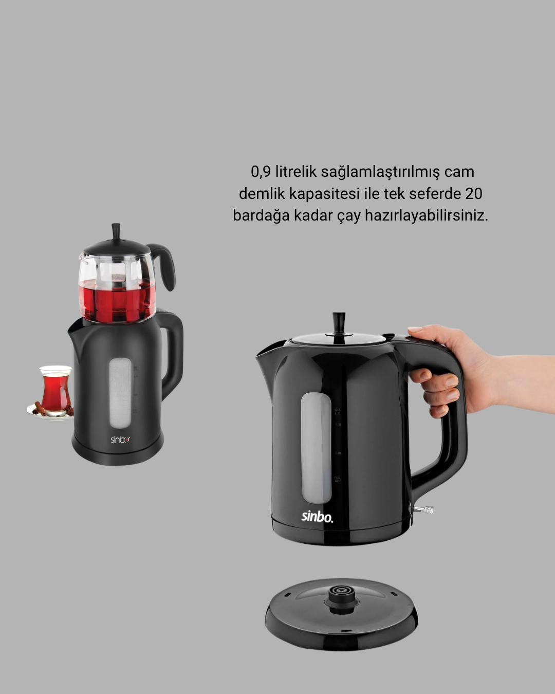 Sinbo Elektrikli Çay Makinesi 1.7 L Su Isıtıcı ve Cam Demlikli Güvenli Kullanım - Görsel 2