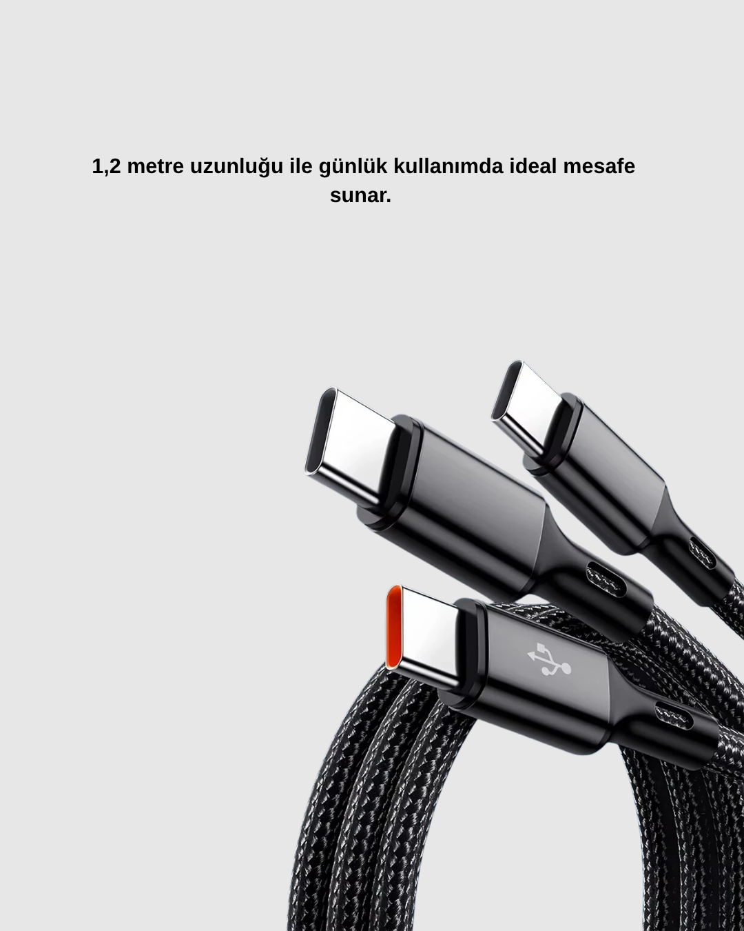 3 Başlıklı Hızlı Şarj Kablosu Metal Alaşımlı Dayanıklı ve Akıllı Çipli - Görsel 3