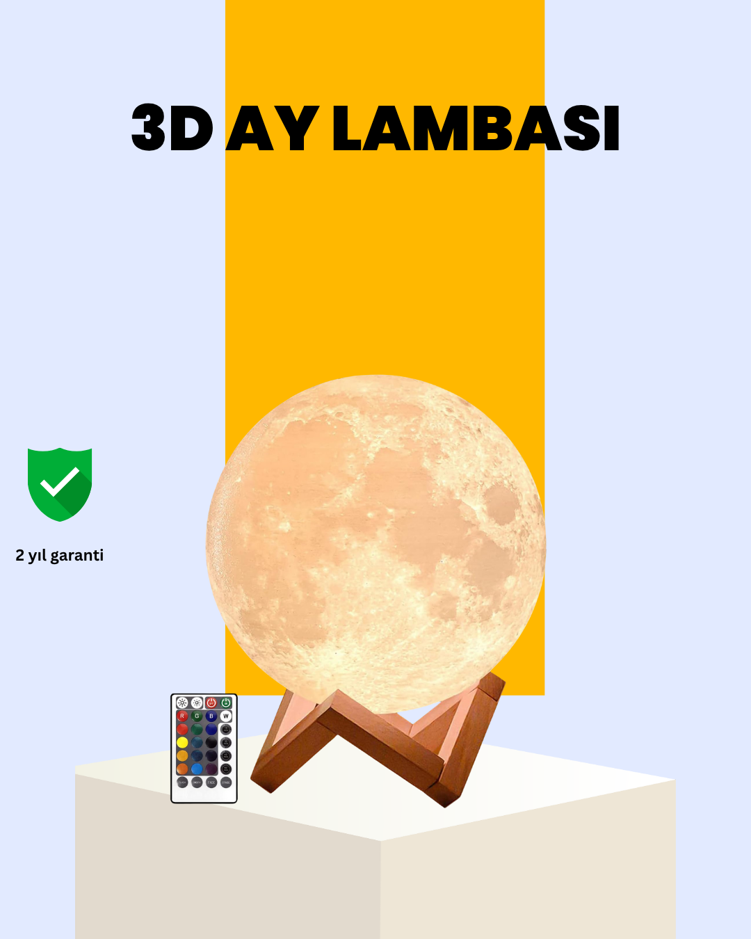Şarjlı 3D Baskılı 16 Renk Ay Lambası Ahşap Stand ve Uzaktan Kumanda