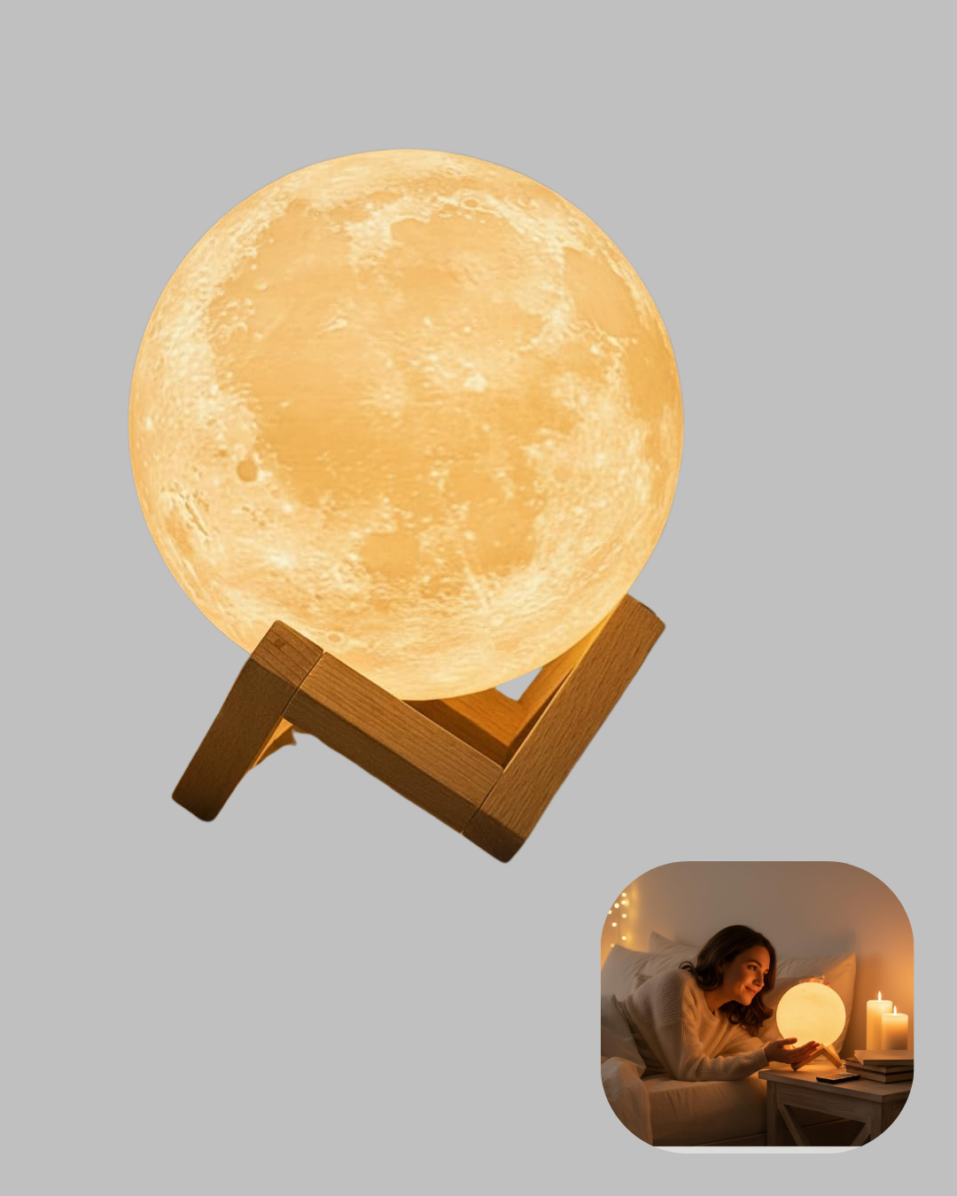 Şarjlı 3D Baskılı 16 Renk Ay Lambası Ahşap Stand ve Uzaktan Kumanda - Görsel 2