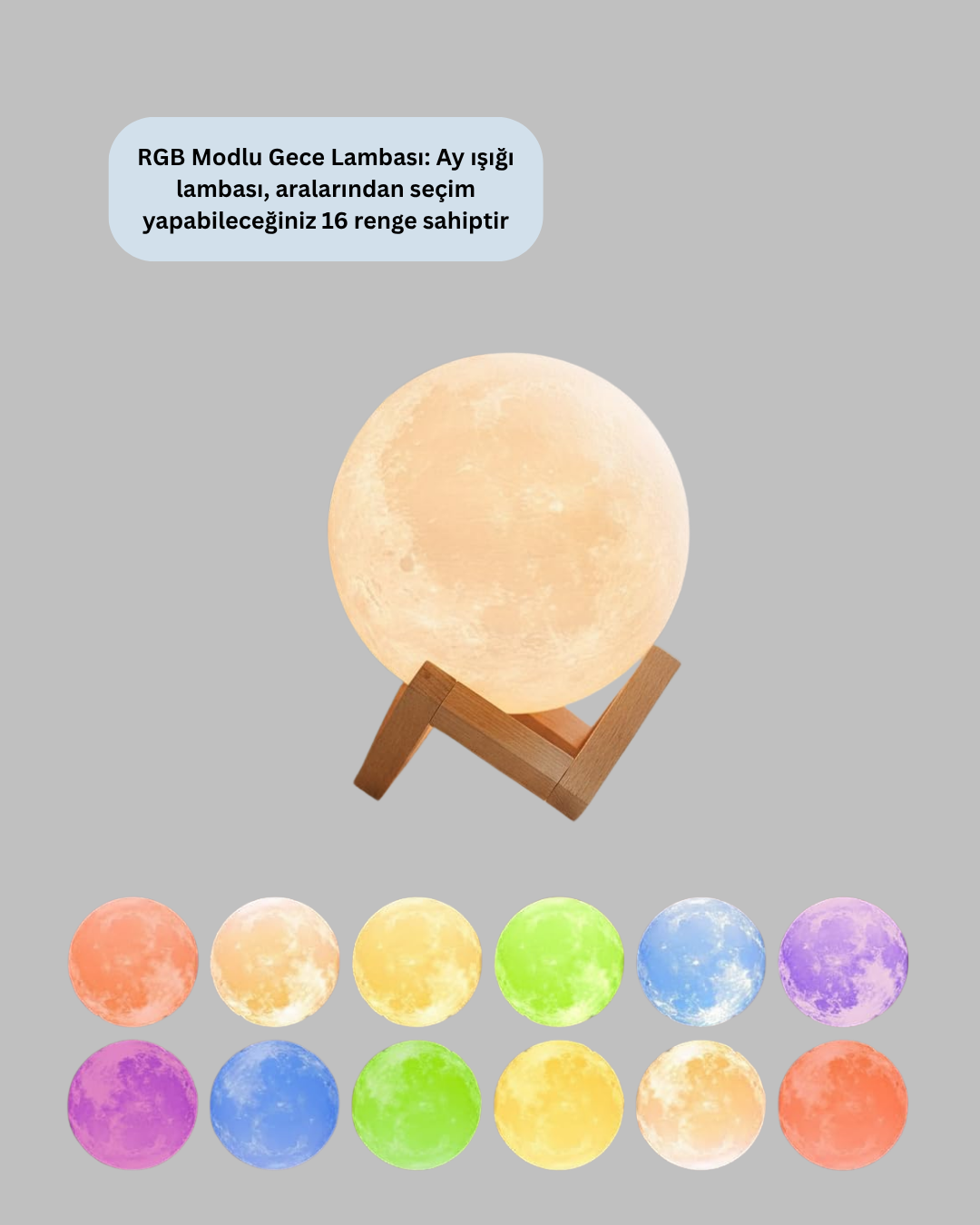 Şarjlı 3D Baskılı 16 Renk Ay Lambası Ahşap Stand ve Uzaktan Kumanda - Görsel 3
