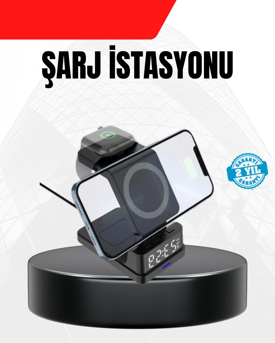 LED Dijital Saatli Kablosuz Şarj Cihazı – 3 Parlaklık Ayarlı Şarj Koruma Teknolojili