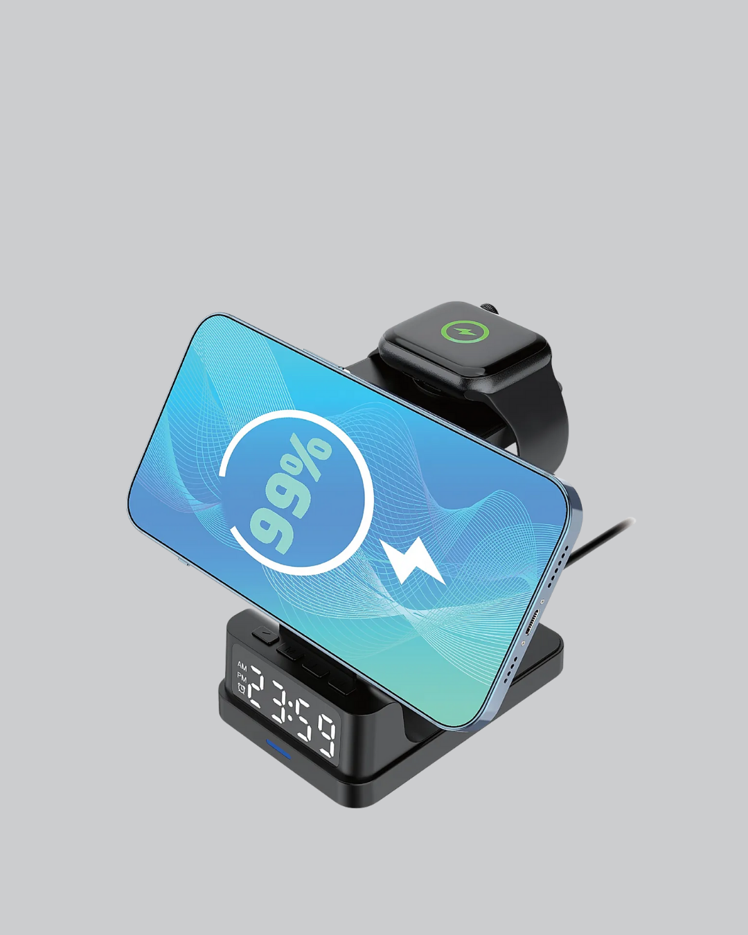 Dijital Saatli Kablosuz Şarj İstasyonu – 3’ü 1 Arada Apple Uyumlu Hızlı Şarj ve LED Ekran - Görsel 2
