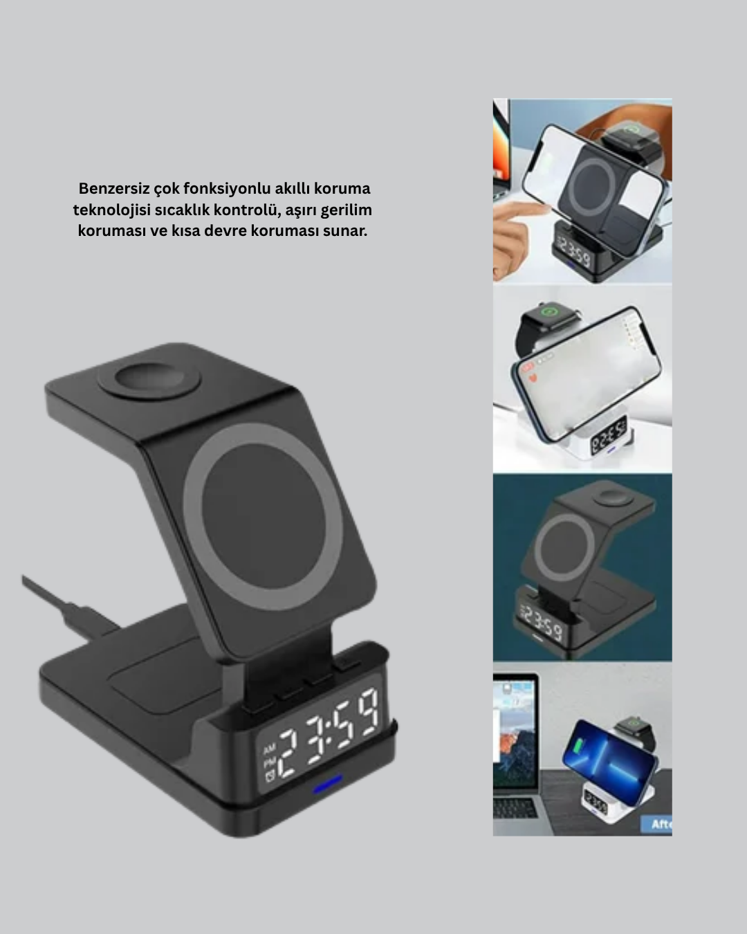 Dijital Saatli Kablosuz Şarj İstasyonu – 3’ü 1 Arada Apple Uyumlu Hızlı Şarj ve LED Ekran - Görsel 4