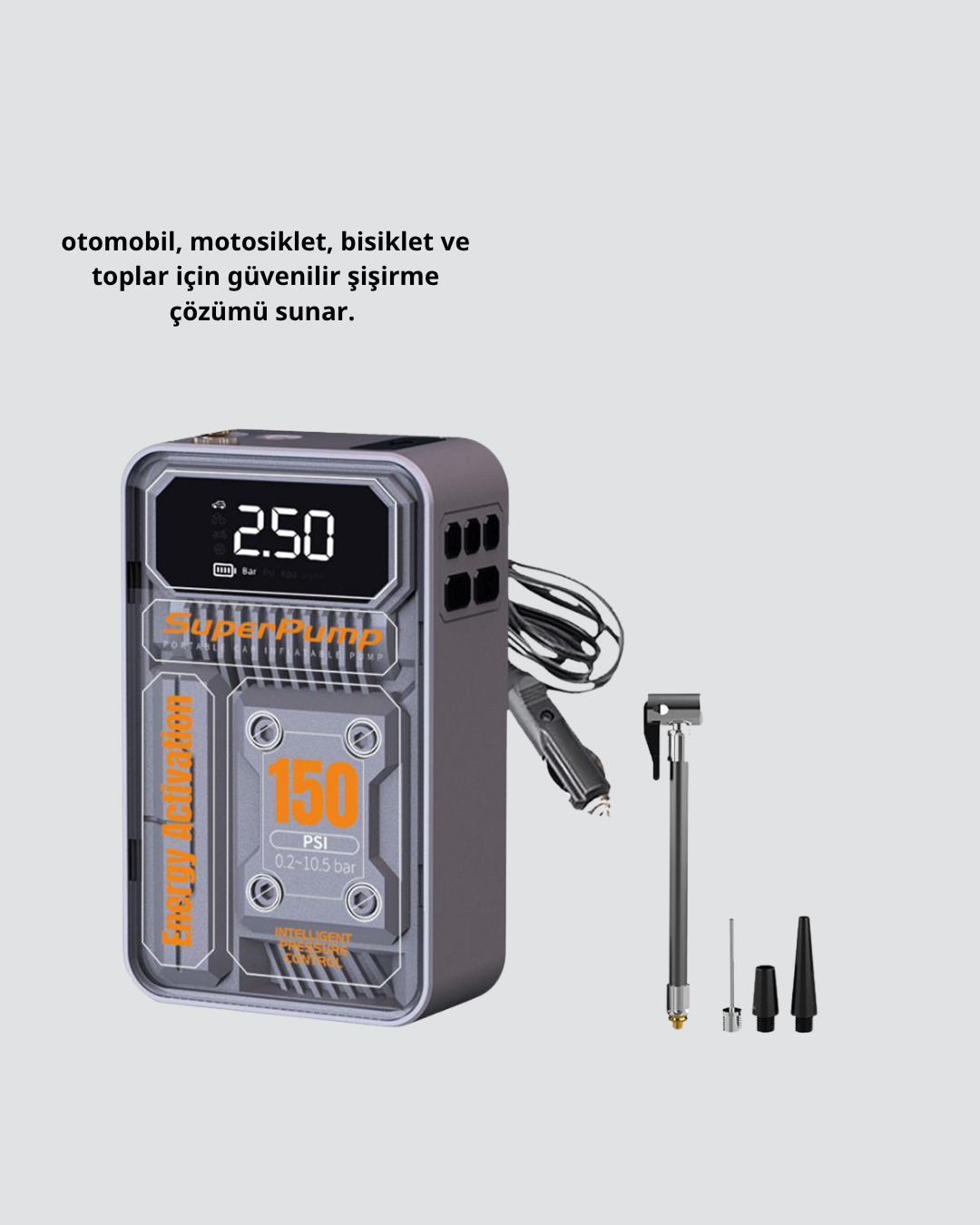 Şarjlı Kablosuz Hava Pompası – 150 PSI Basınç LED Ekran ve 6000mAh Batarya - Görsel 3