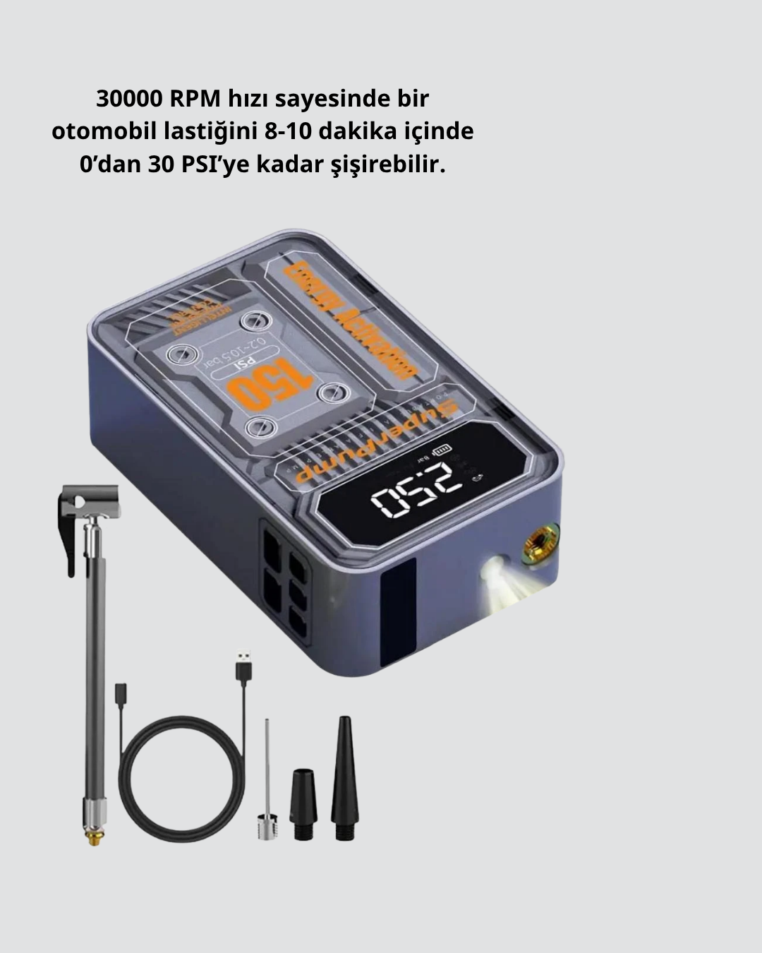 Şarjlı Kablosuz Hava Pompası – 150 PSI Basınç LED Ekran ve 6000mAh Batarya - Görsel 5