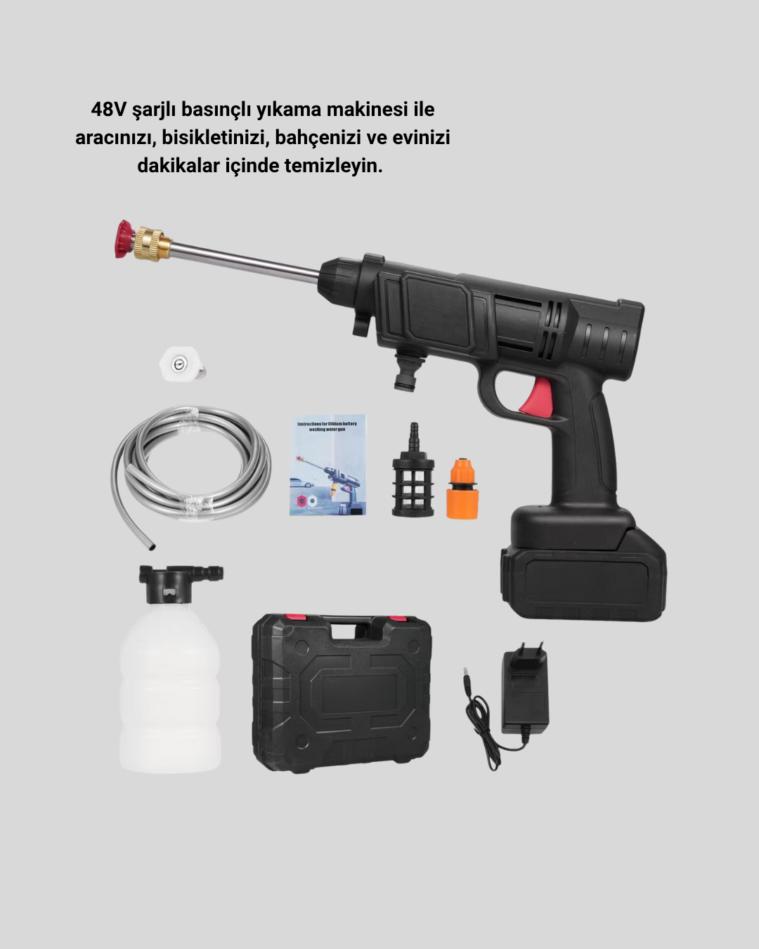 48V Kablosuz Yıkama Makinesi – 2 Pil Köpük Tankı ve Ayarlanabilir - Görsel 5