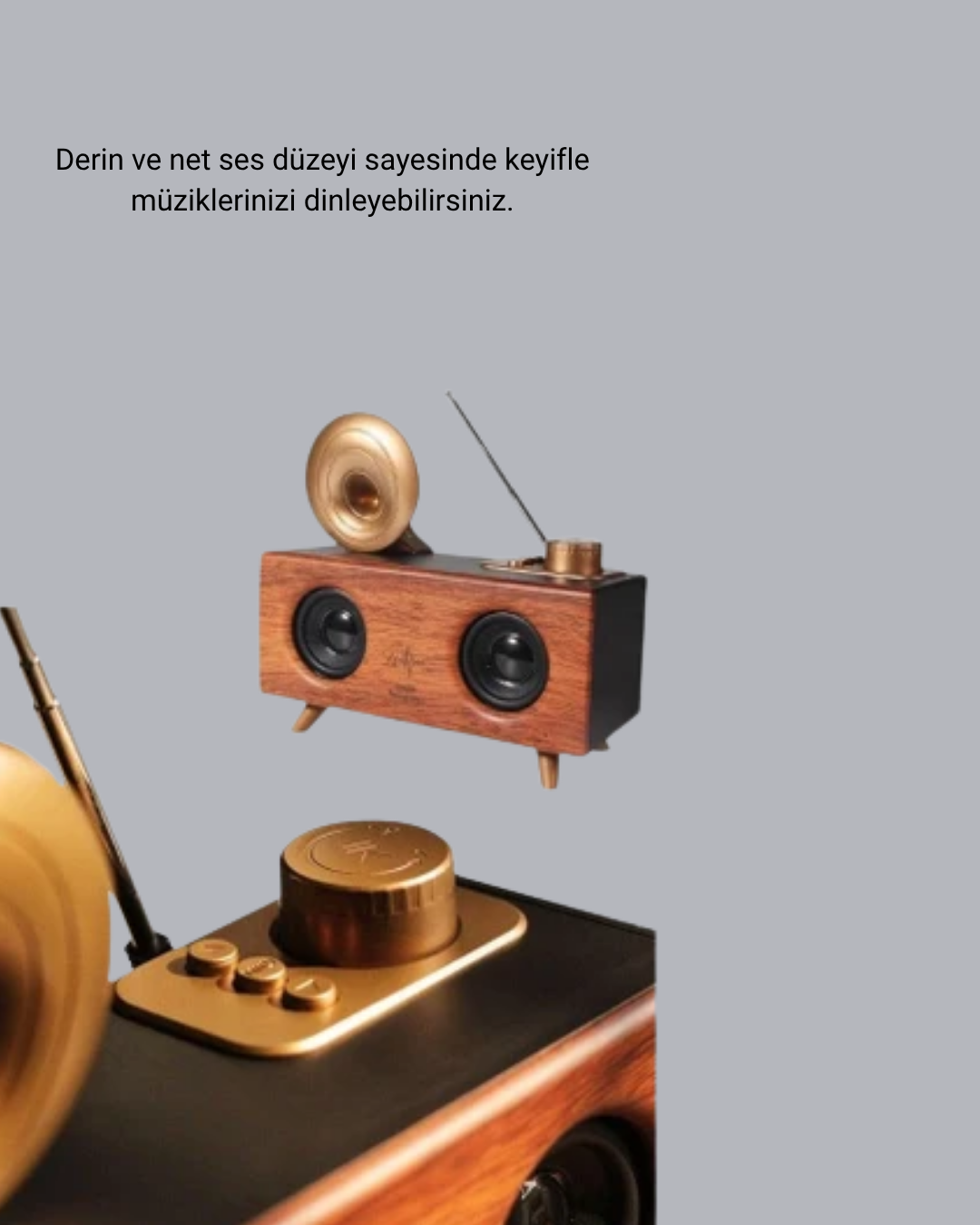 Retro Gramafon Bluetooth Hoparlör Çift Stereo Sesli FM Radyo Destekli - Görsel 2