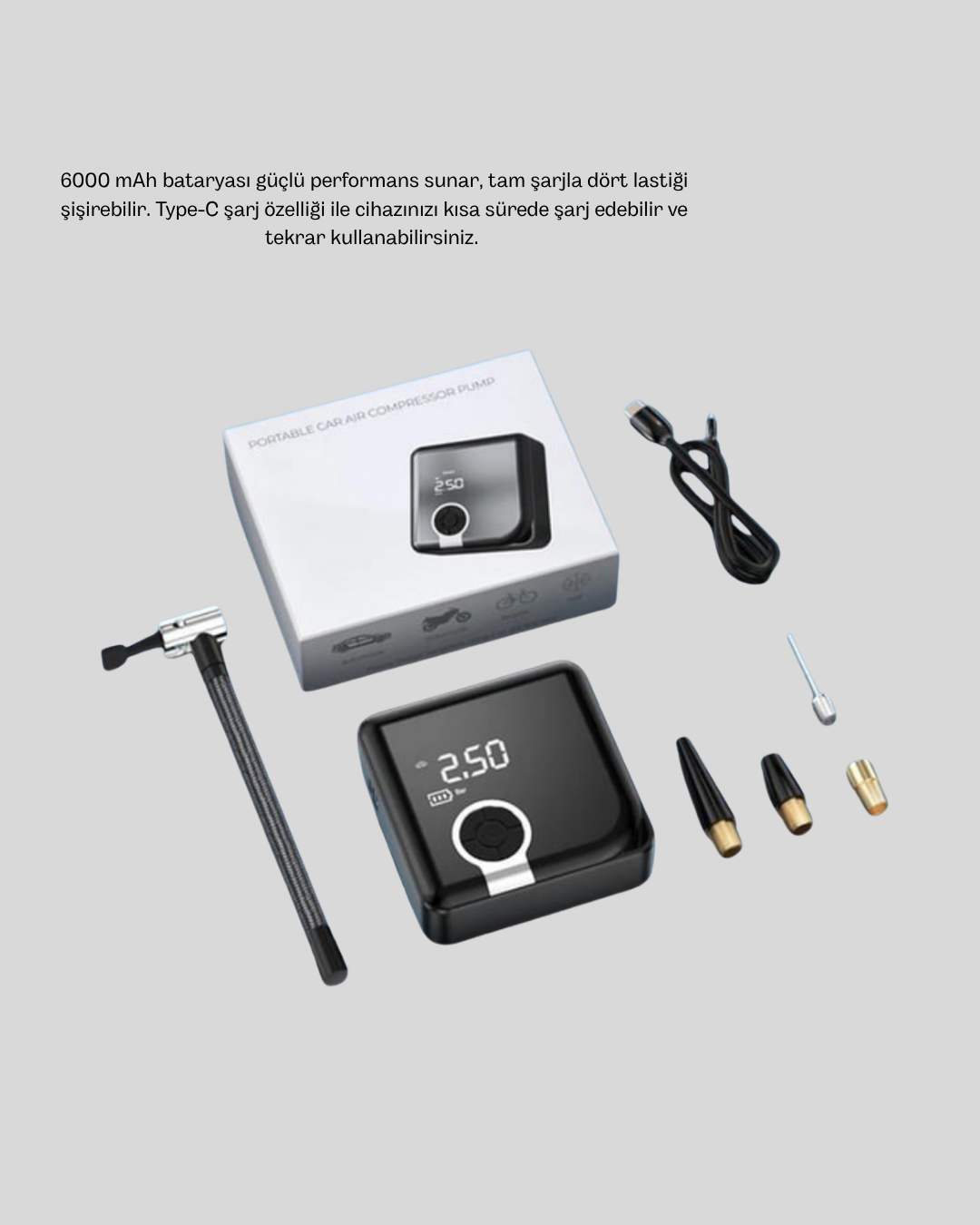 6000mAh Bataryalı Type-C Şarjlı Mini Hava Kompresörü LED Işıklı - Görsel 4