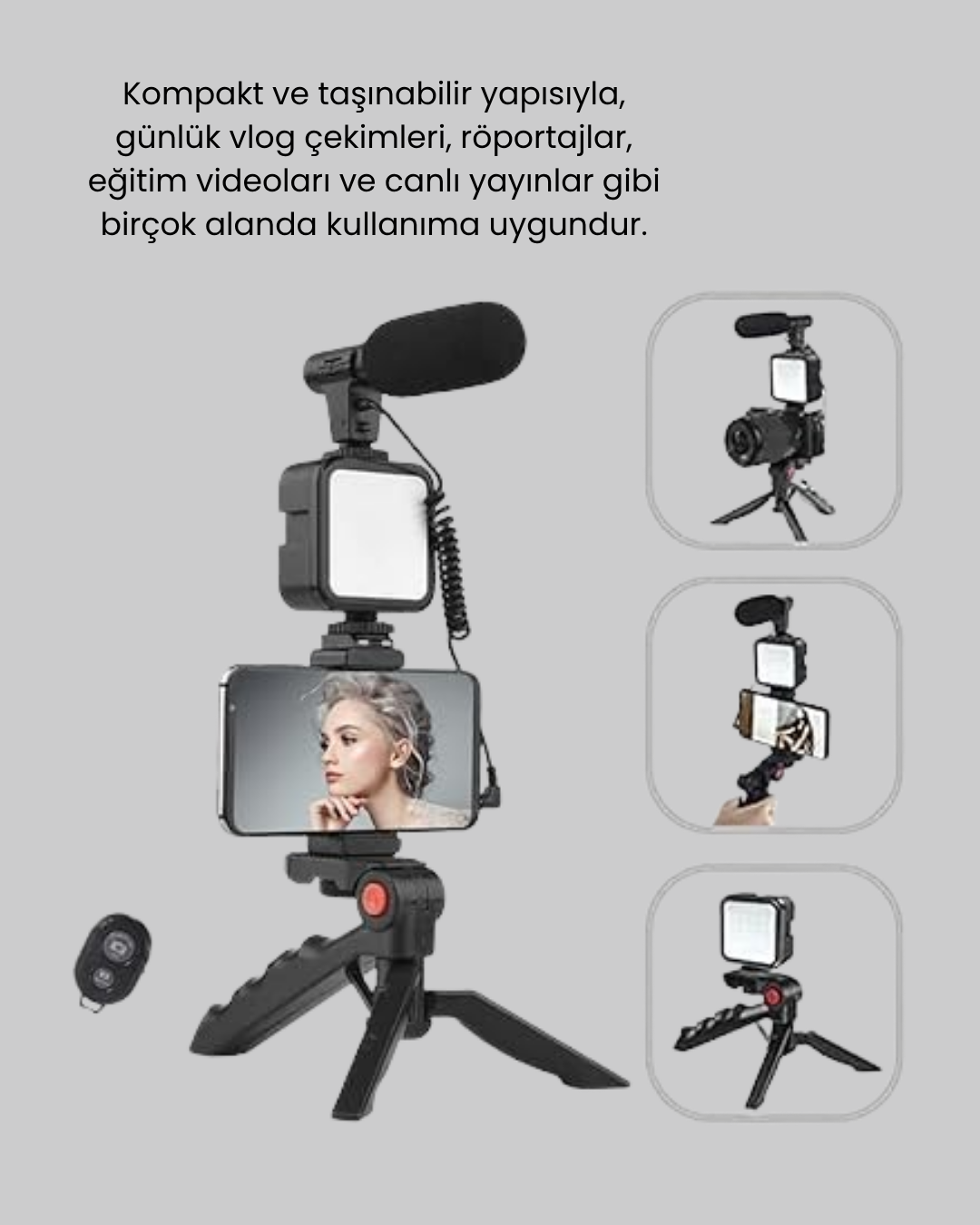 Profesyonel Vlog Çekim Kiti LED Işıklı Tripod Mikrofonlu Telefon Seti - Görsel 5
