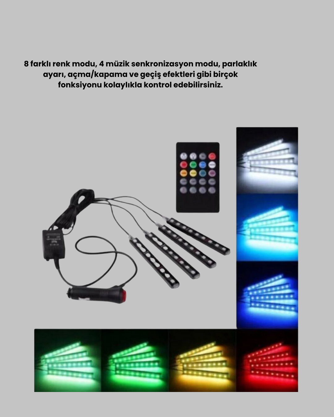 RGB Araç İçi LED Aydınlatma 12V 48 LED Müzik Kontrollü 4 Şerit Set - Görsel 3