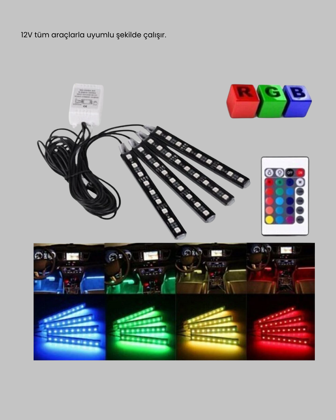 RGB Araç İçi LED Aydınlatma 12V 48 LED Müzik Kontrollü 4 Şerit Set - Görsel 4