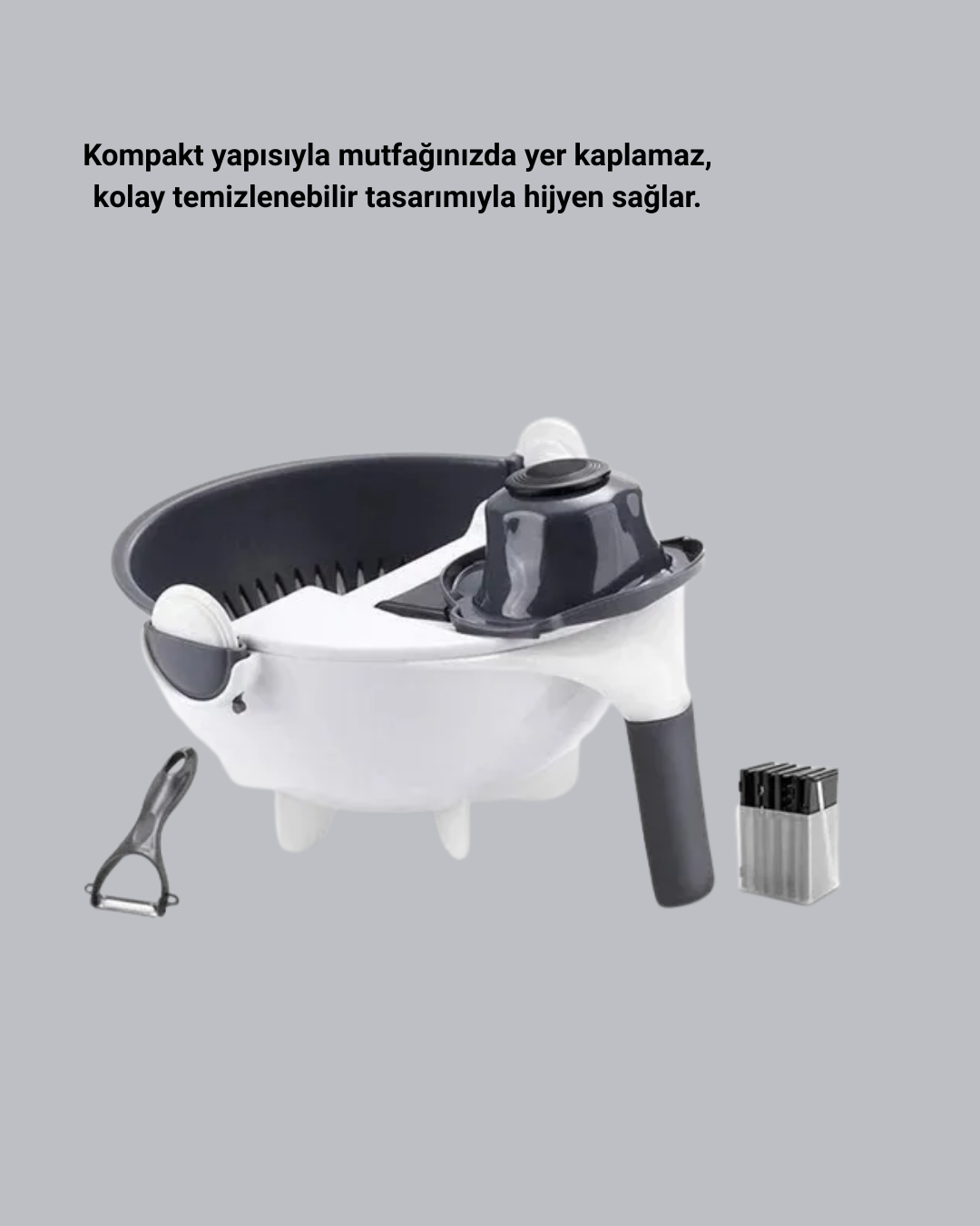 5 Fonksiyonlu Döner Rende Süzgeçli Çok Amaçlı Sebze Doğrayıcı Kaymaz Tabanlı - Görsel 4