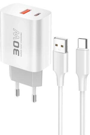 C89Q 1 Adet 30W Type-C ve 1 Adet 22.5W USB Çıkışlı Ekstra DL49 1M USB to Type-C Kablolu PD Şarj Cihazı - Beyaz-(5796)