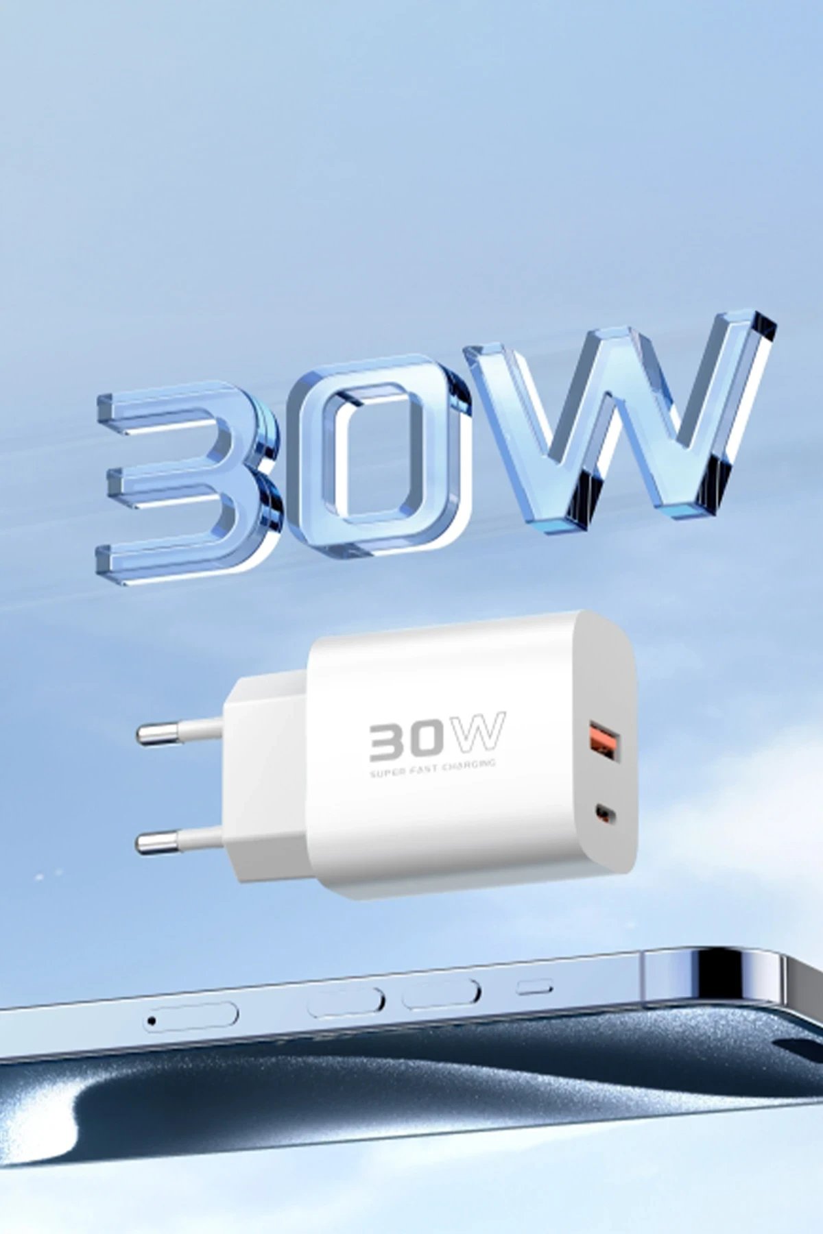 C89Q 1 Adet 30W Type-C ve 1 Adet 22.5W USB Çıkışlı Ekstra DL49 1M USB to Type-C Kablolu PD Şarj Cihazı - Beyaz-(5796) - Görsel 2